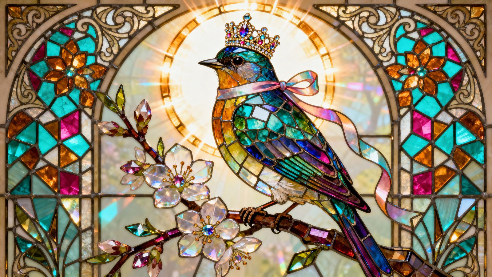 Vibrant Songbird in Ornate Stained Glass Mosaic