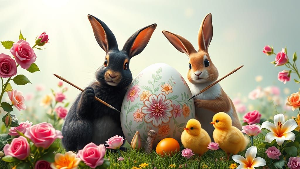 Rabbits and Chicks Painting Easter Eggs