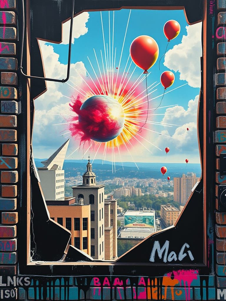 Futuristic Graffiti Supernova: Surreal Pop Art on Brick