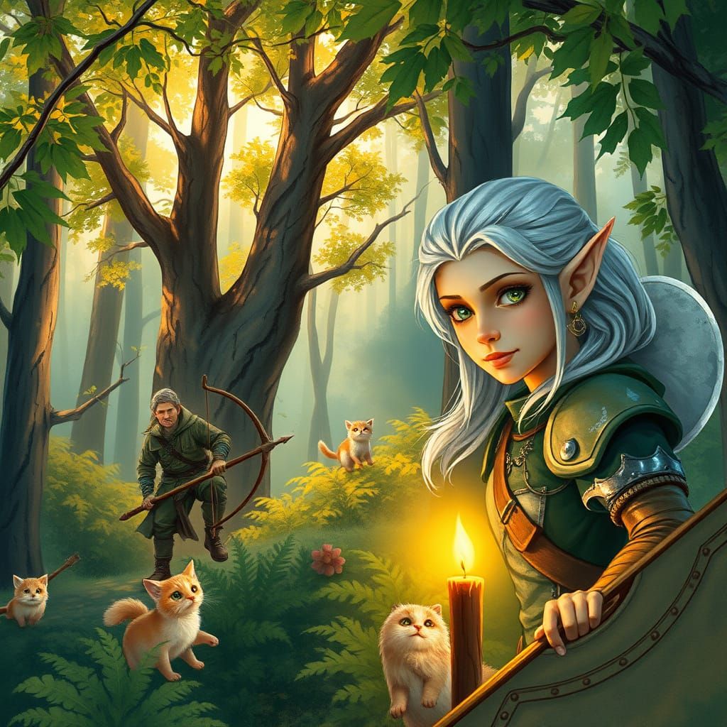 Elven Ranger in Lush Forest with Mutated Feline Foods