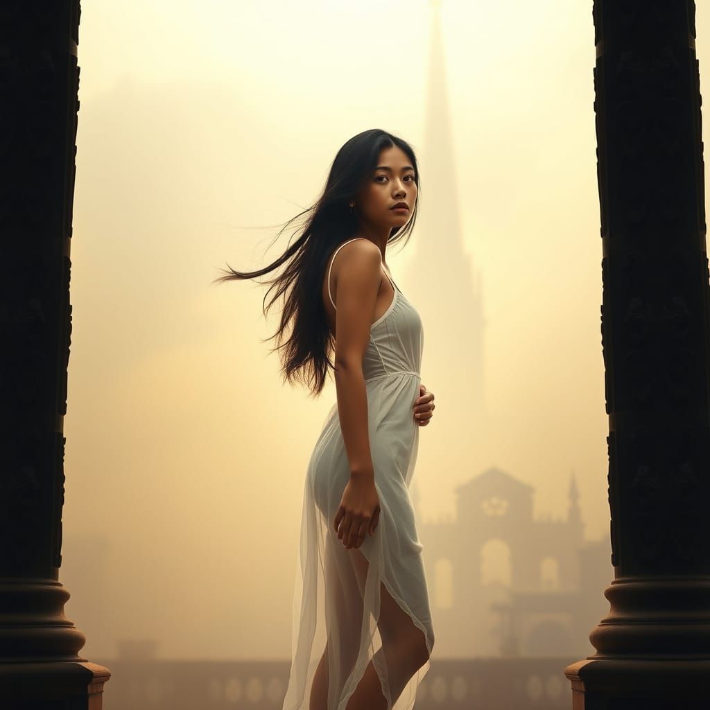 Ethereal Indian Goddess Amidst Gothic Pillars