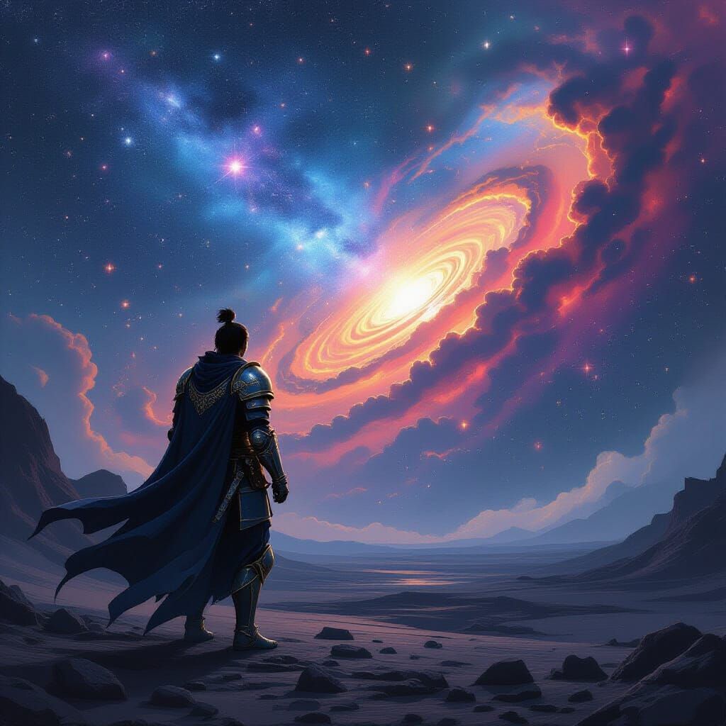 Knight Transforms into Celestial Being Amidst Cosmic Dust