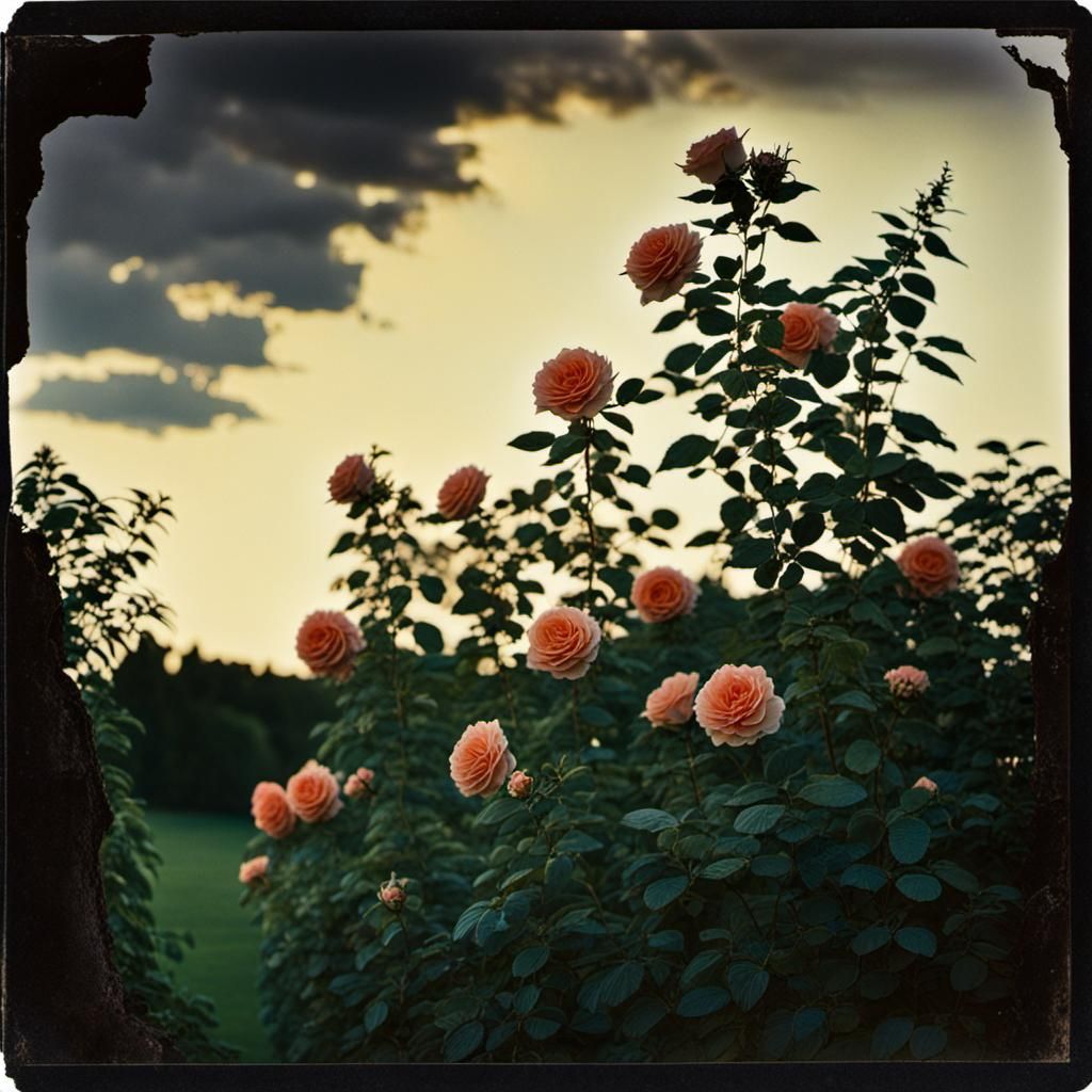 Rosebushes at Dusk: Vintage Photography Style