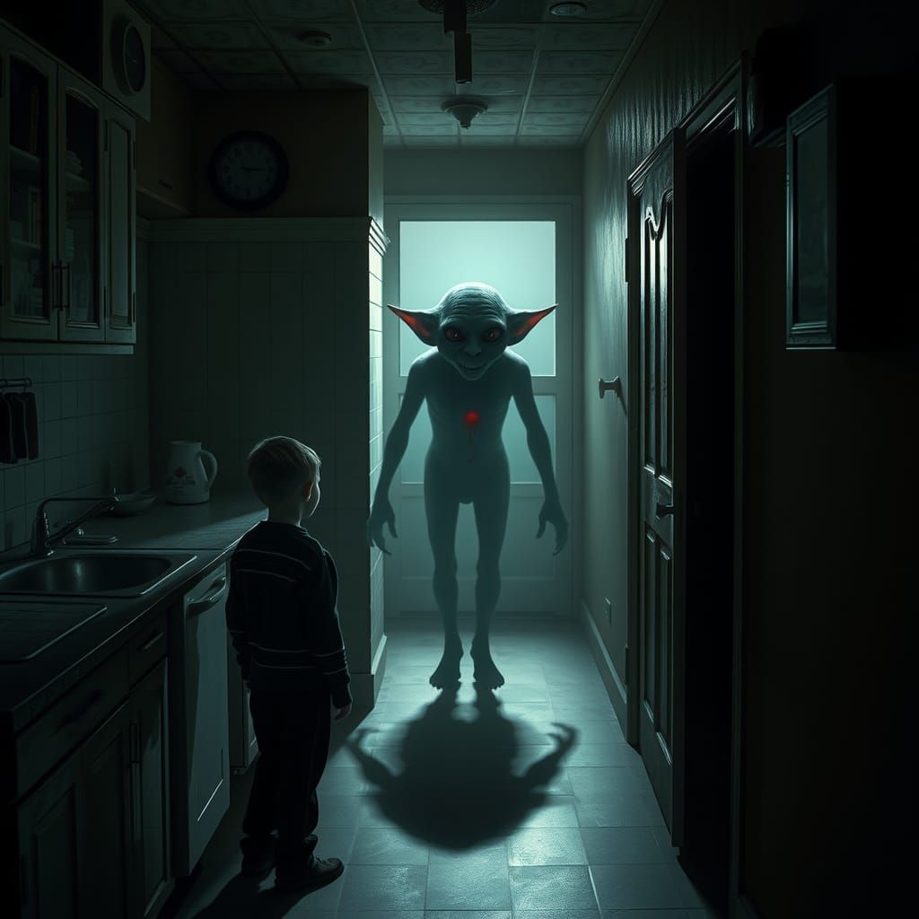 Terrifying Ghostly House Elf in Dark Hallway