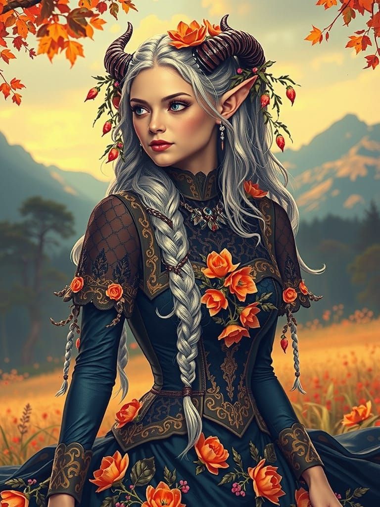 A stunning fantasy portrait of a fair-skinned elven woman wi...