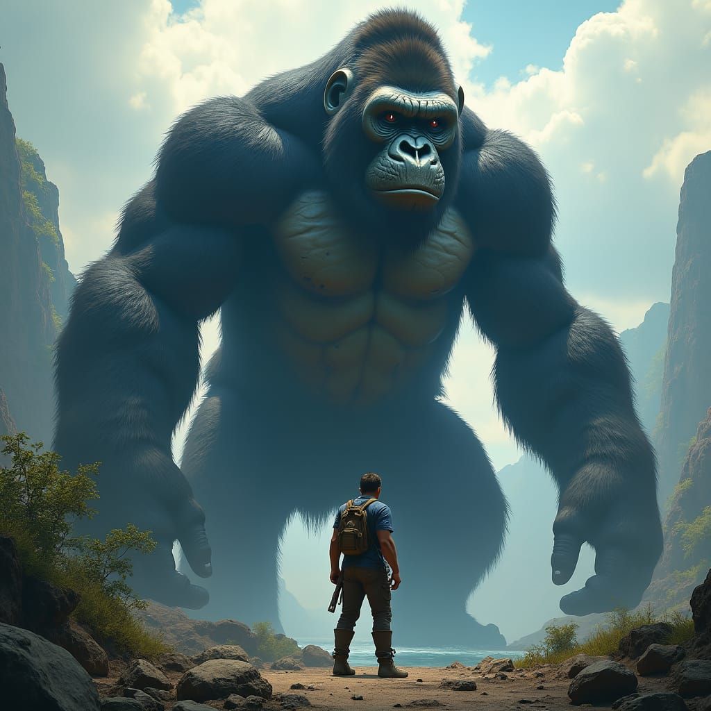 Man Dwarfed by Colossal AI King Kong in 8K