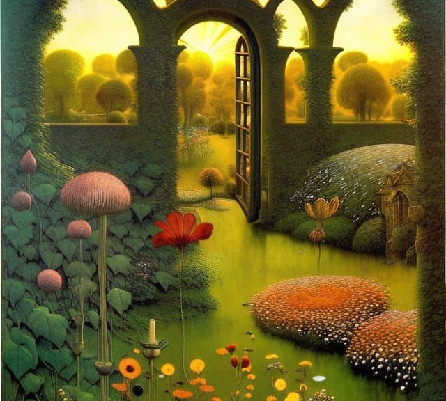 Exquisite Sunrise Garden with Gothic Archways in Art Nouveau...