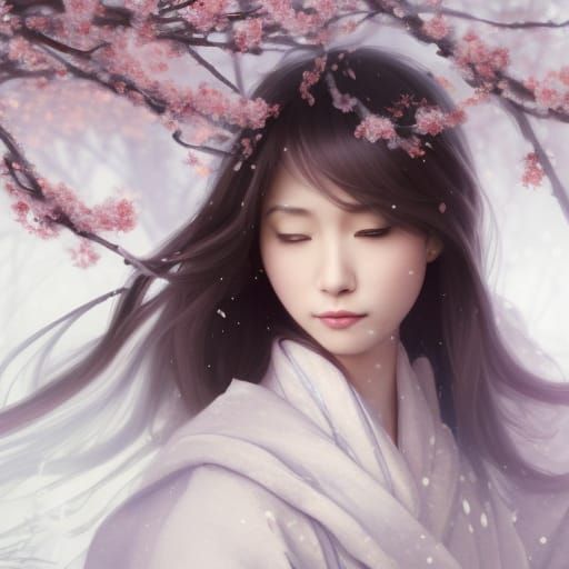 Japanese Princess in Snowy Forest, Detailed Portrait
