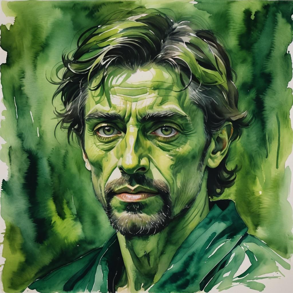 Expressive Watercolor Portrait of a Green Man