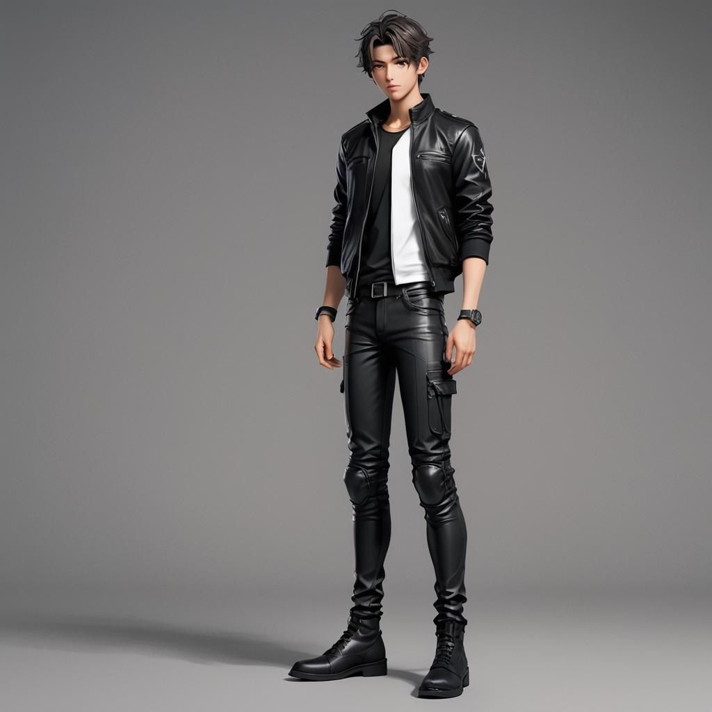 Anime-Style Teenage Boy in Leather Pants, 8K Resolution