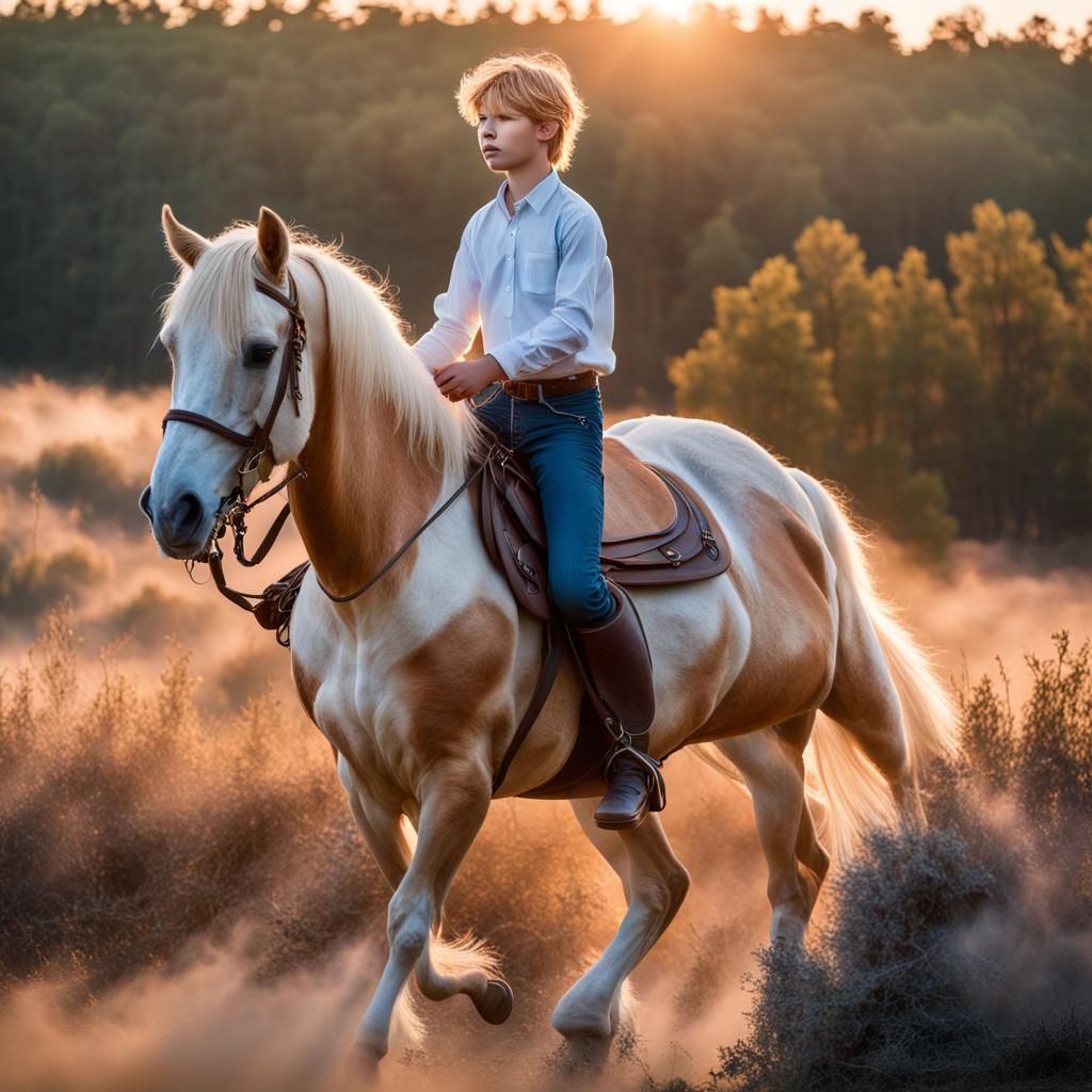 Boy Rides Horse Through Heath in Dreamlike Photo
