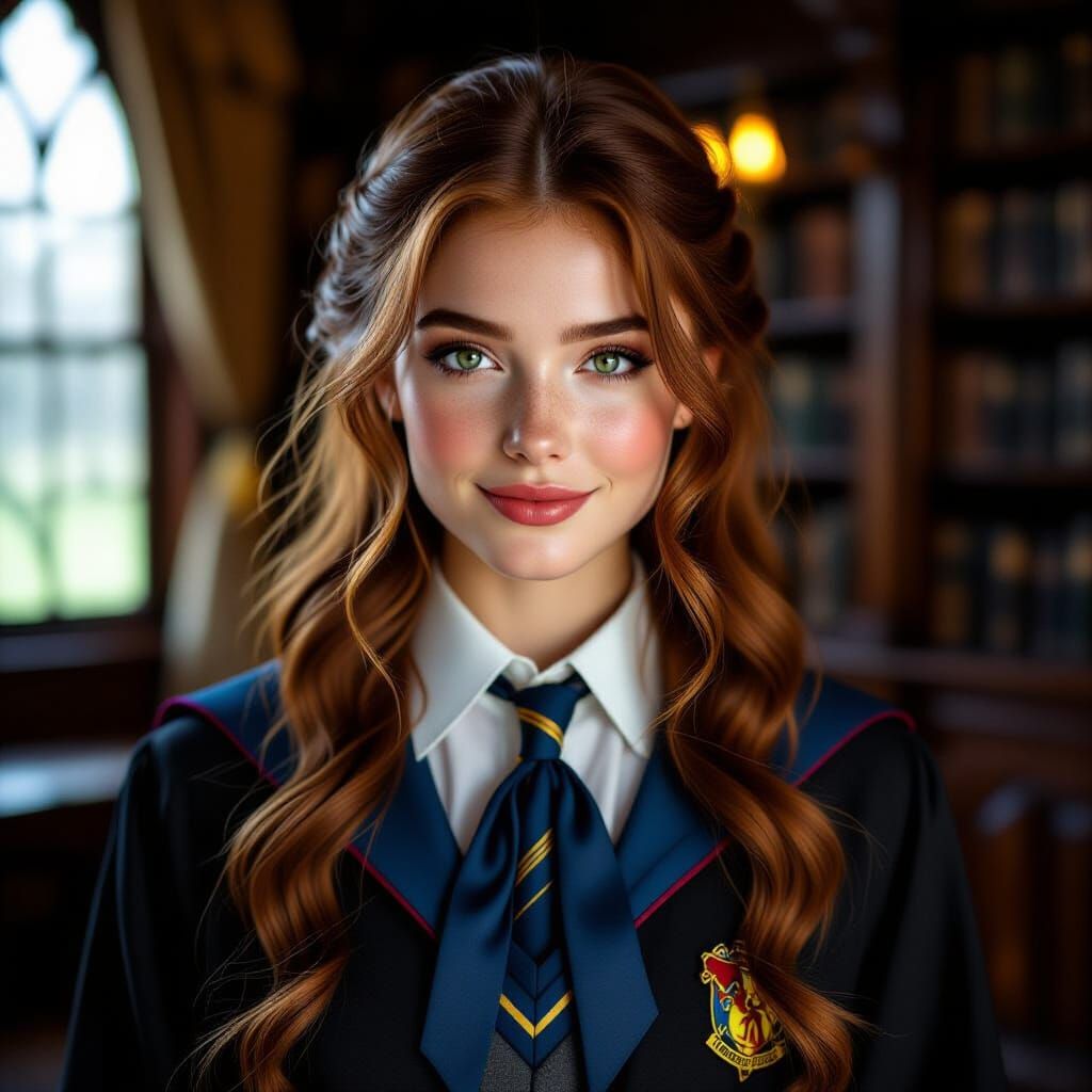 Enchanting Ravenclaw Witch Portrait in Magical Common Room