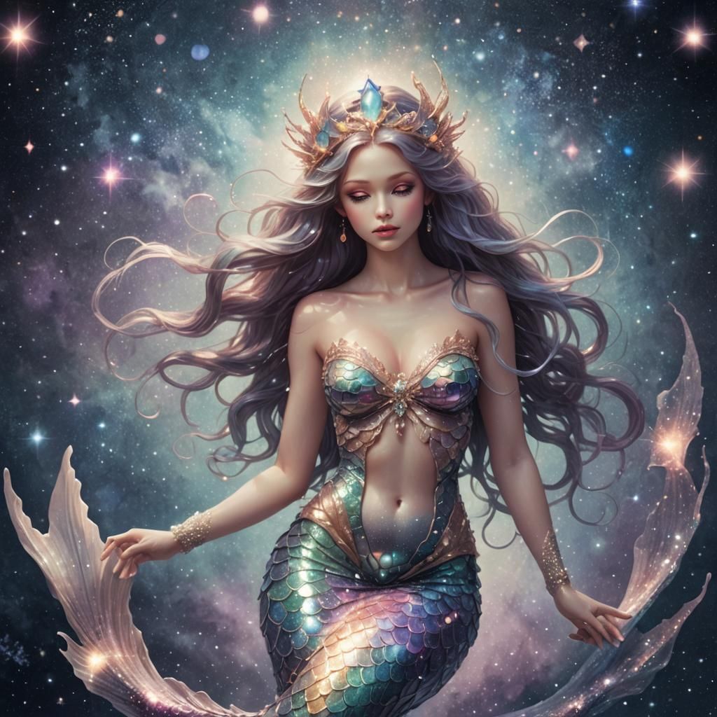 Ethereal Space Mermaid Goddess with Galactic Background