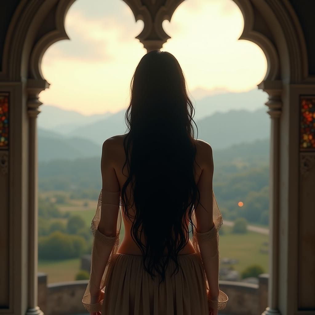 a woman stands with her back to viewer her long flowing blac...