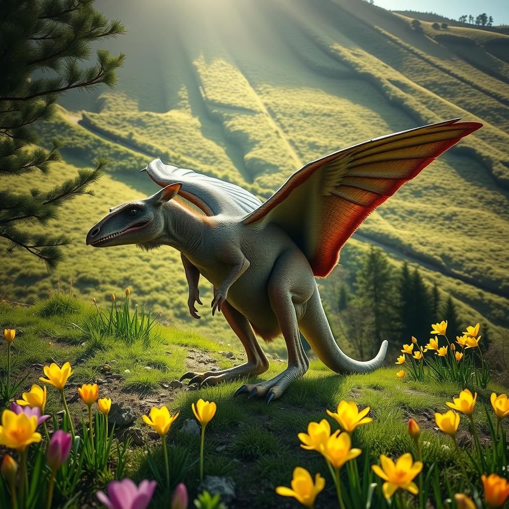 Kangaroo-Rex Hybrid Leaping in Spring Sunlight