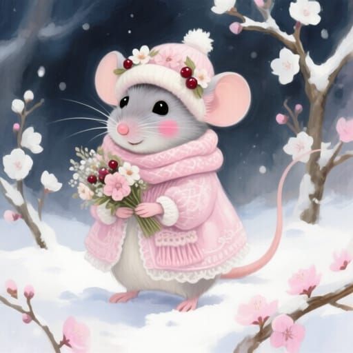 Adorable Mouse in Pink Winter Outfit with Floral Accents