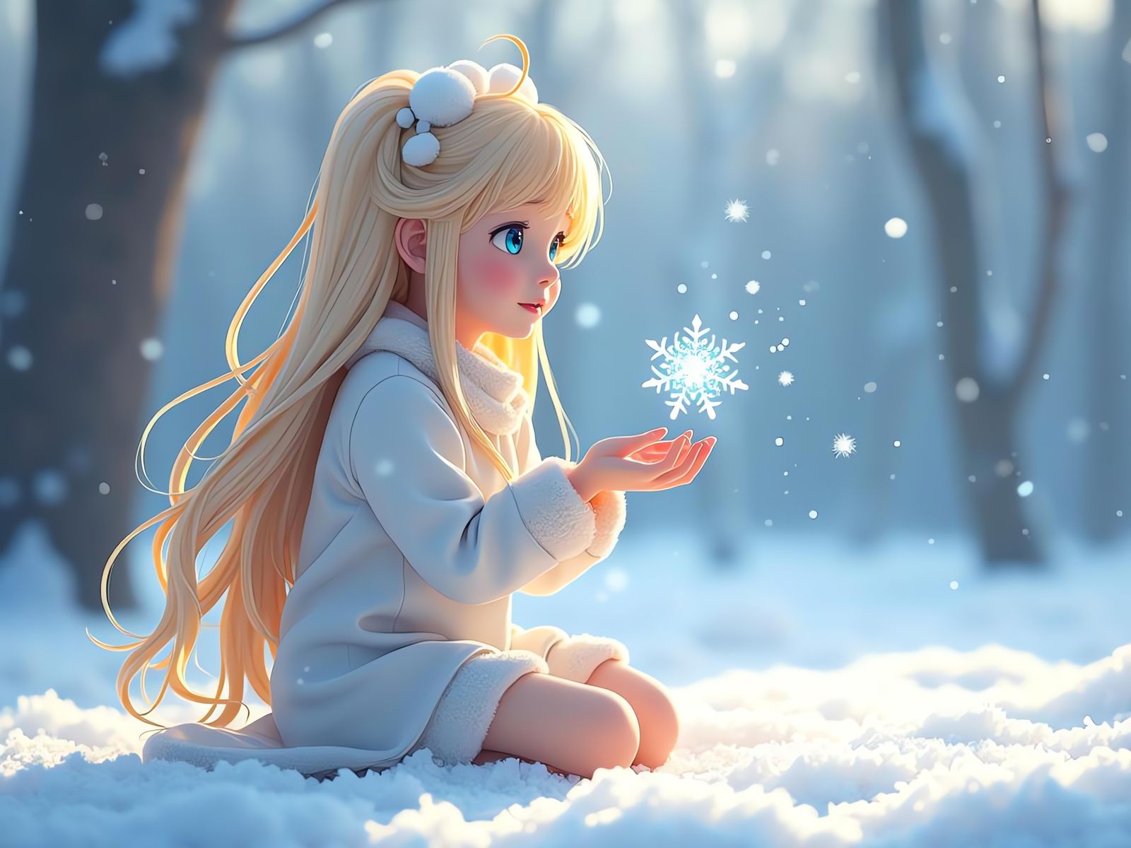 Blonde Girl Watching Snowflake: 3D Anime Art