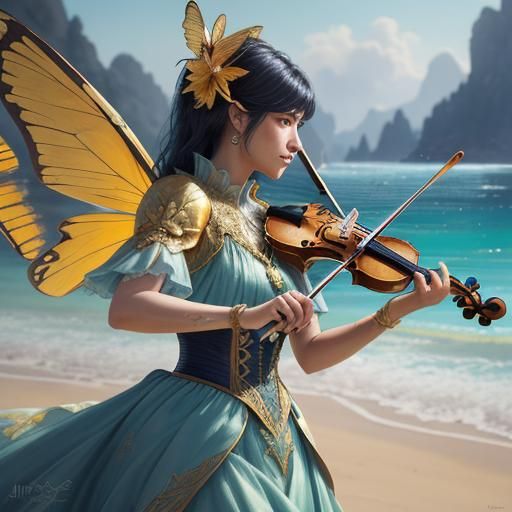 Giant Bee Butterfly Plays Violin on Beach
