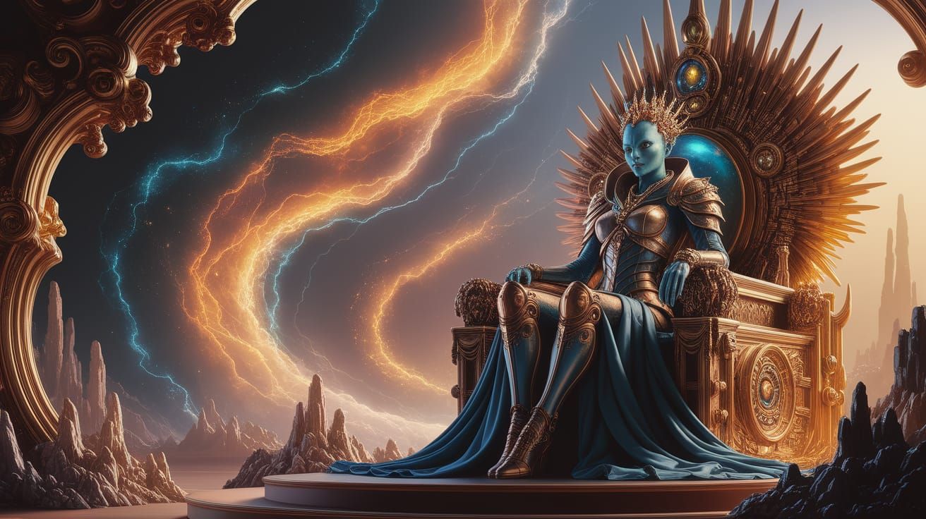 Steampunk Alien Queen on Starlight Throne