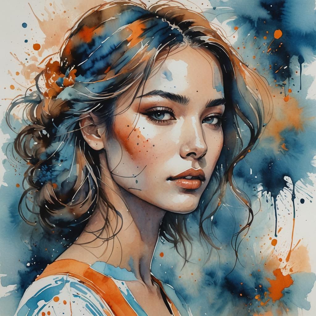Whimsical Watercolor Portrait with Ink Splashes