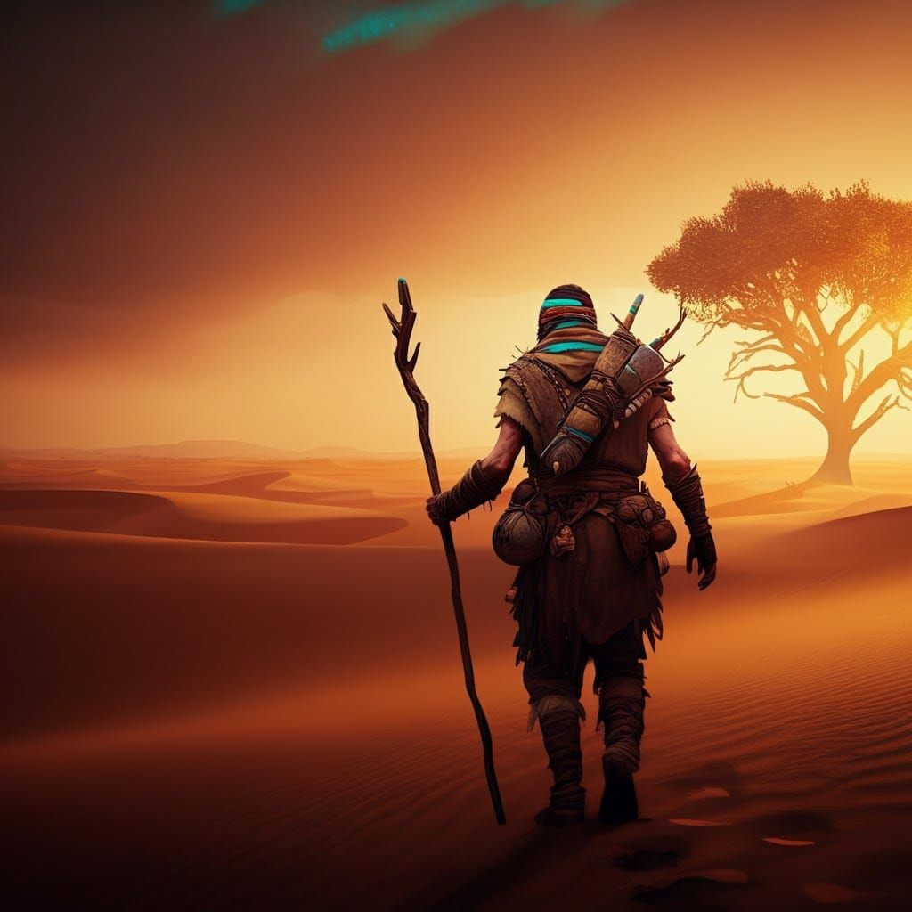 Nomad in Sun-Scorched Desert, Digital Art