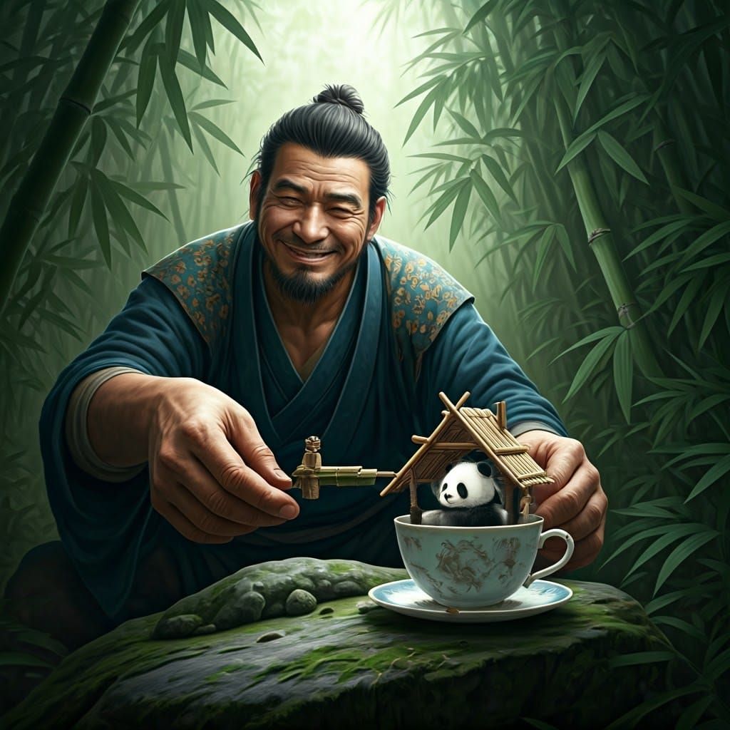 Samurai Builds Panda Home in Teacup