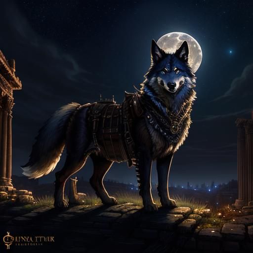Steampunk Wolf under Starry Night Sky