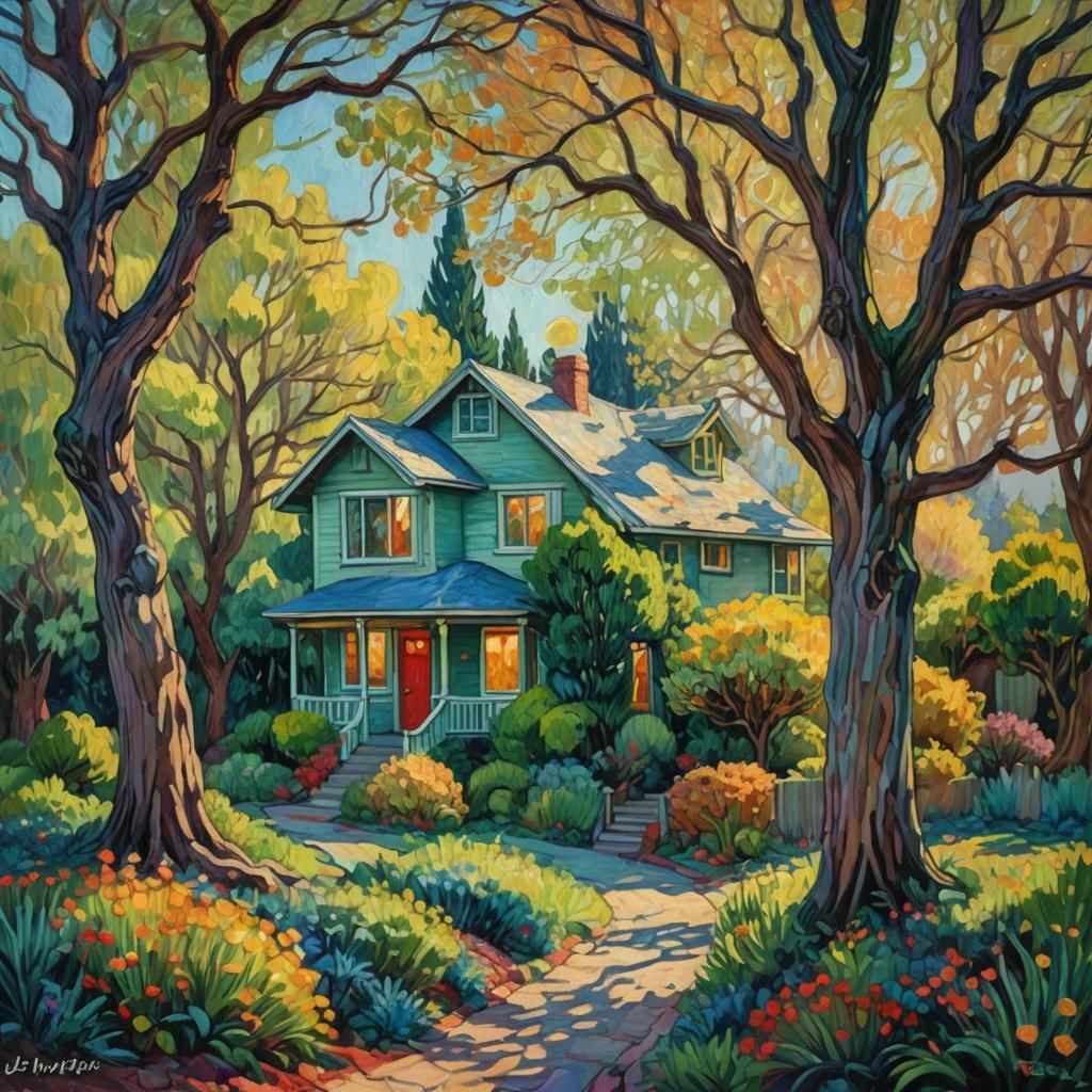 Cozy Home in California: Neo-Impressionist Impasto Oil Paint...