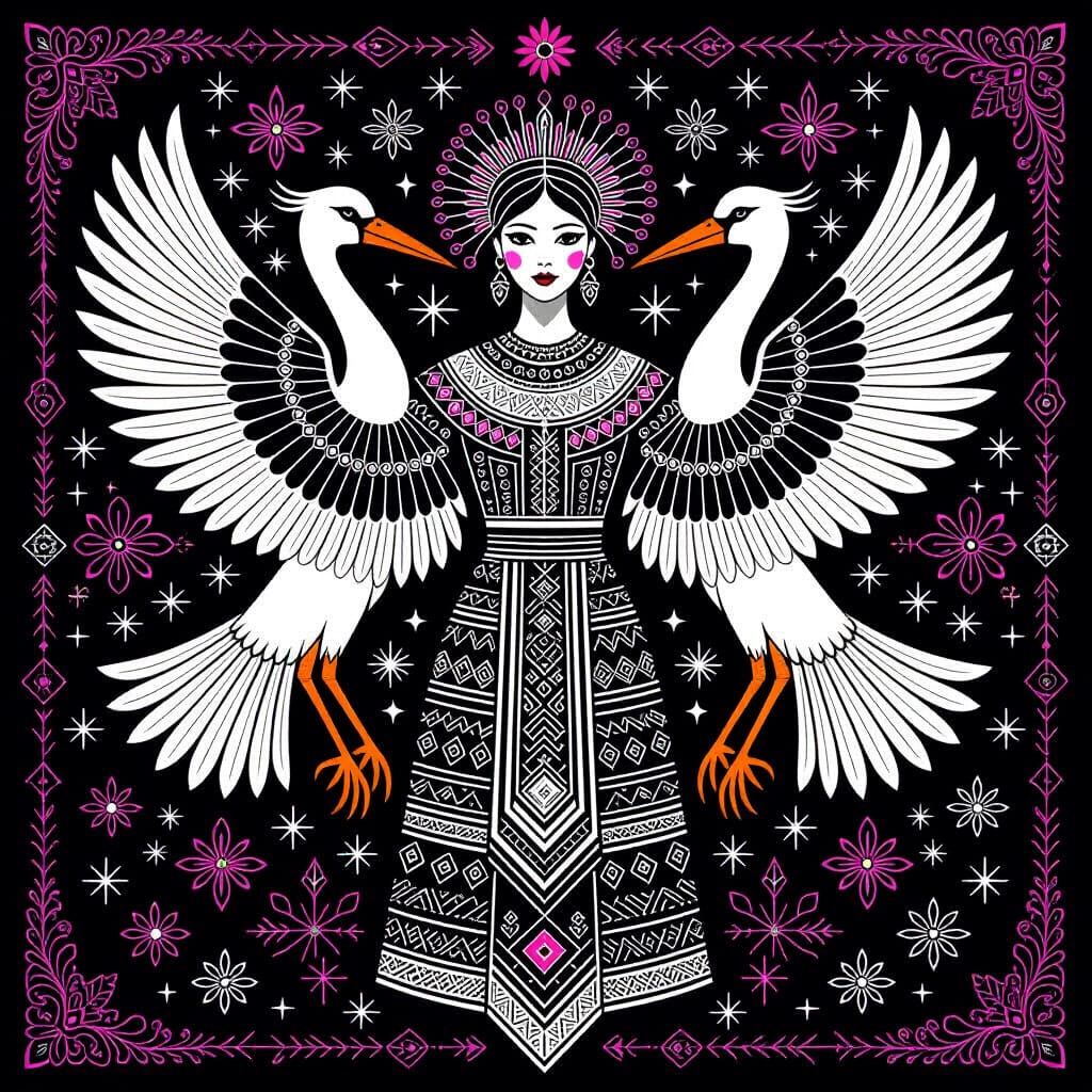 Monochromatic Line Art Figure with Neon Accents