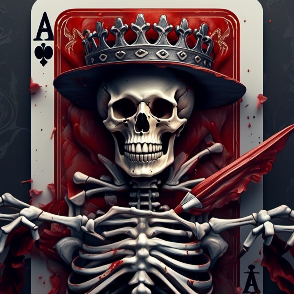 Crowned Skeleton on Playing Card: Photorealistic Oil Paintin...