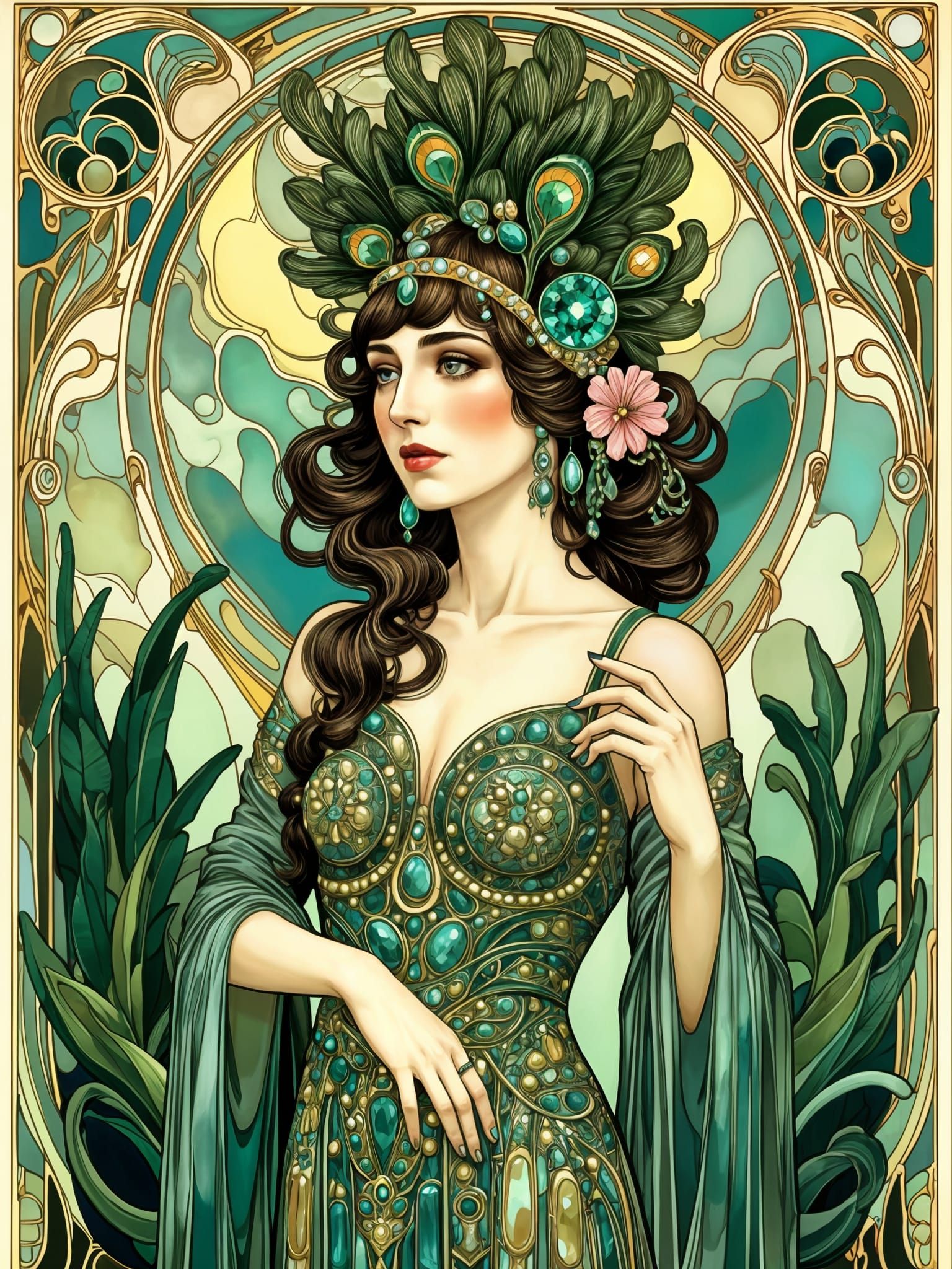 1920s Woman in Emerald Gemstone Dress with Peacock Feathers