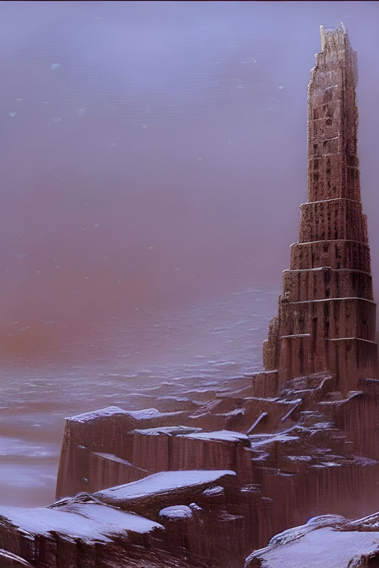 Dystopian Tower of Babel in Winter Blizzard
