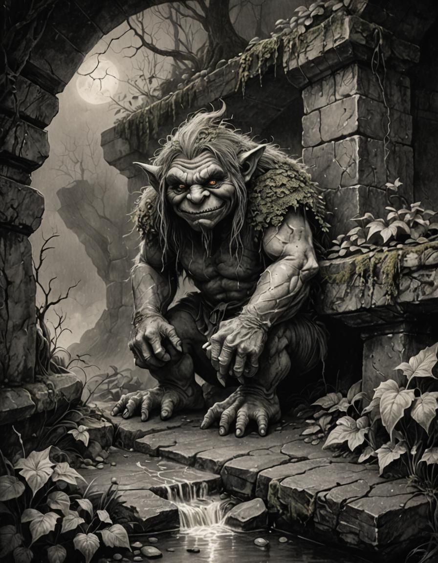 Eerie Troll Under Stone Bridge: Vintage Pencil Sketch