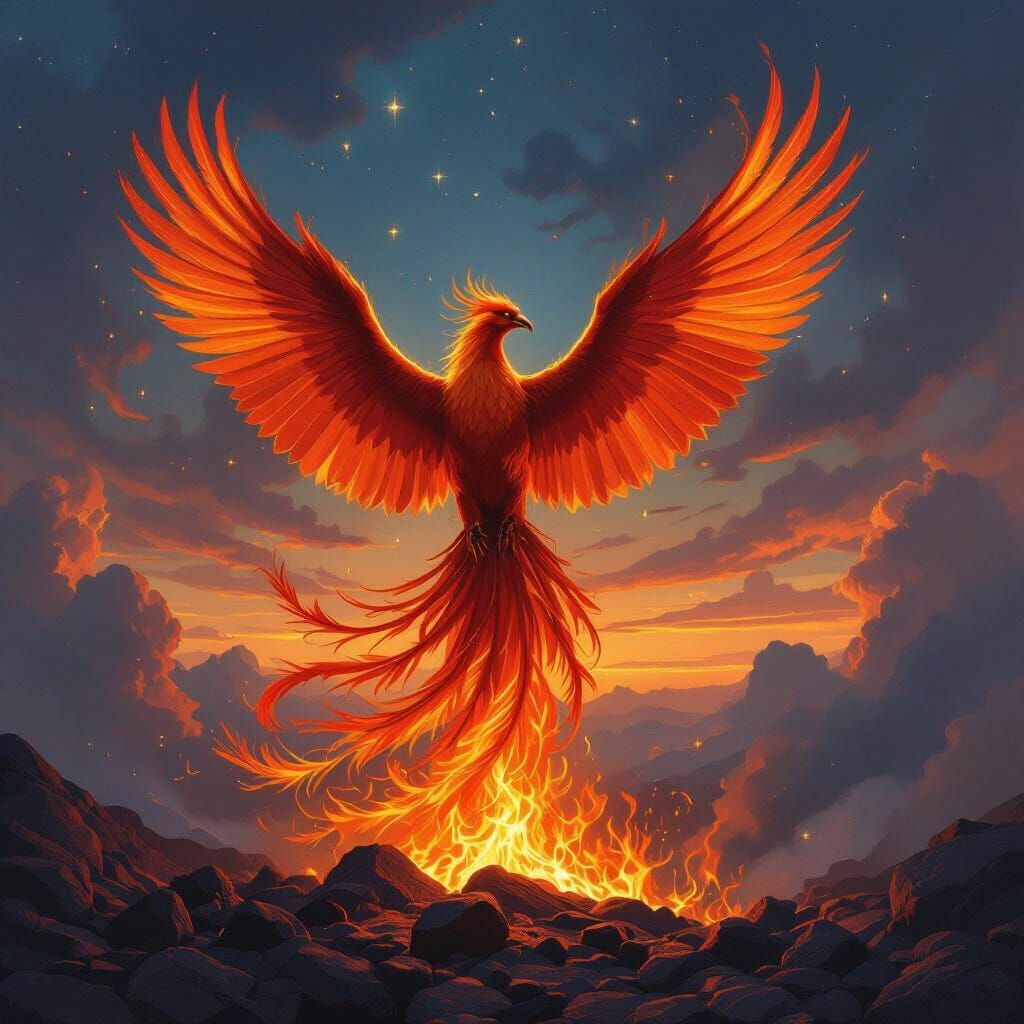 Majestic Phoenix Rising: Classical Oil Painting Style