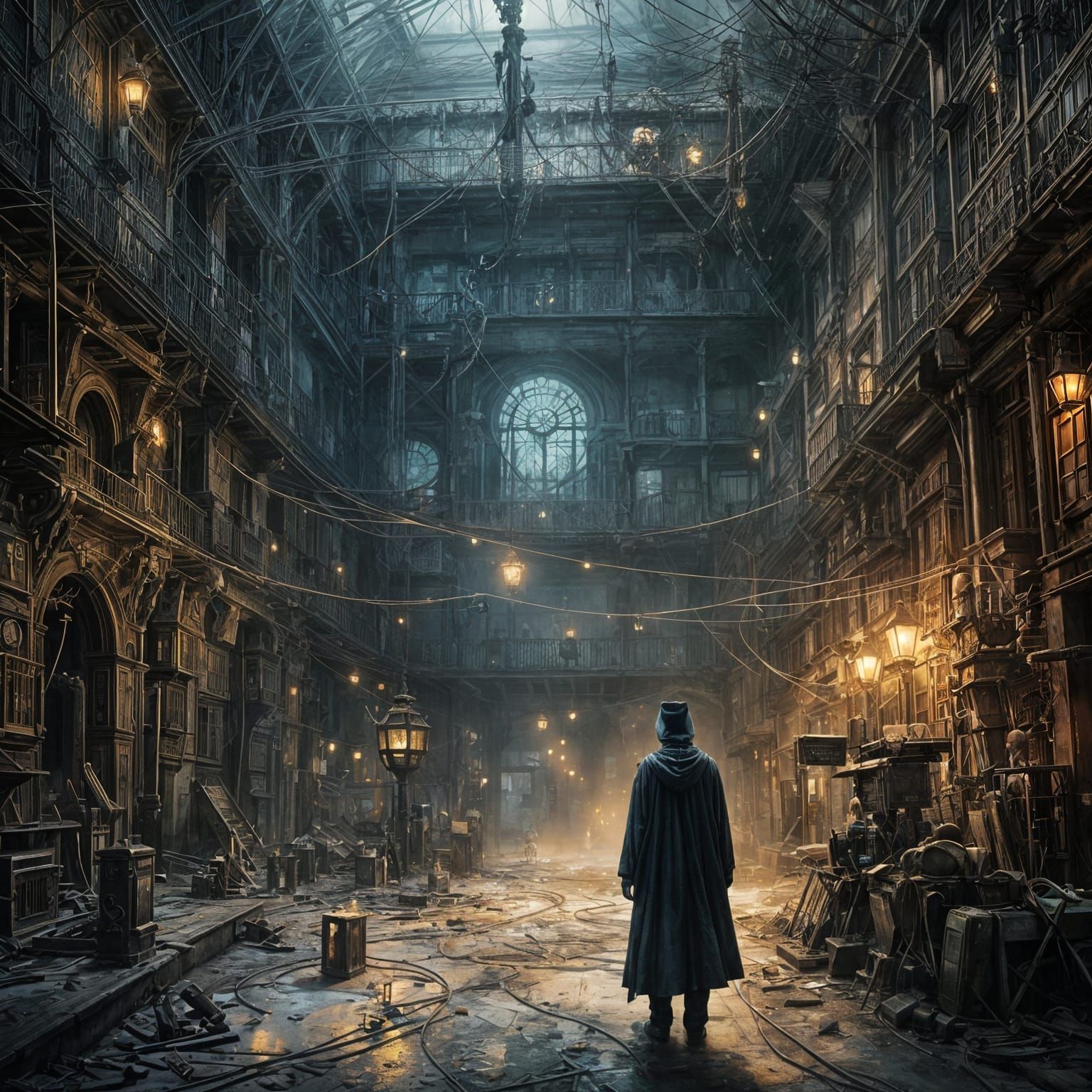 Shadowy Figure with Mechanical Parts in Moody Room