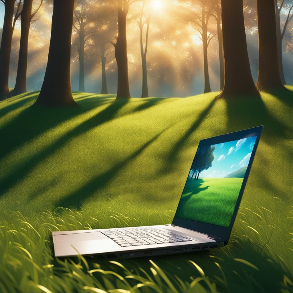 Laptop on Grass in Matte Painting Style