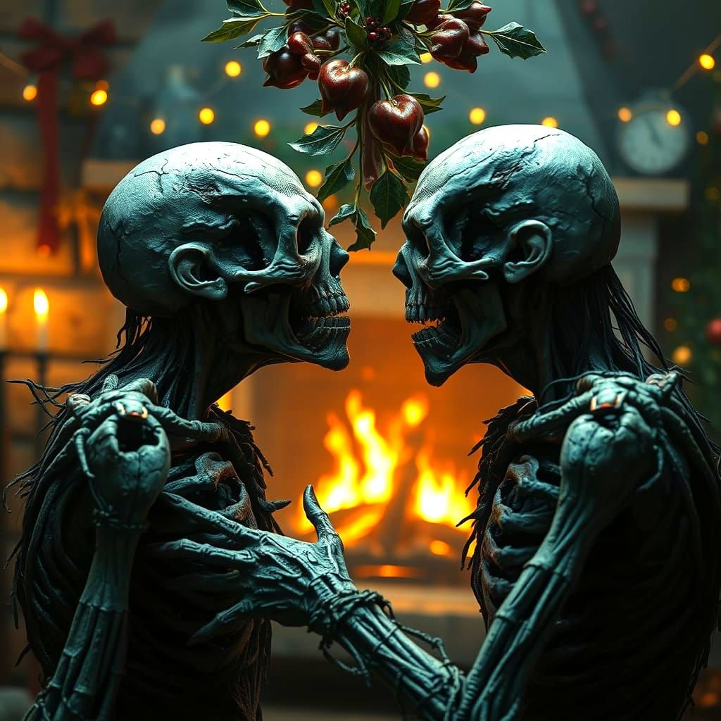 Creepy Zombies Kissing Under Mistletoe on Christmas