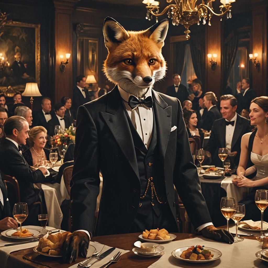 Anthropomorphic Fox in Tuxedo at Dinner Party