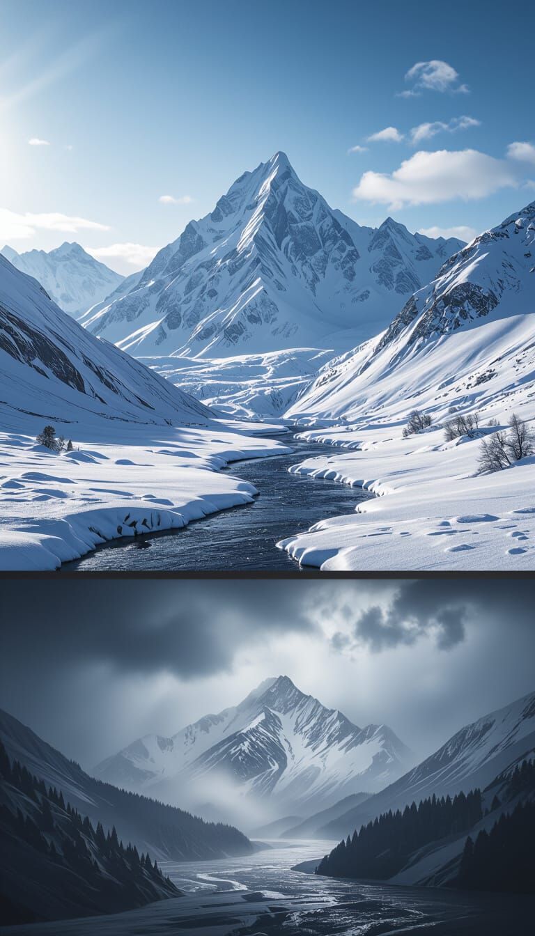 Majestic Ice Mountain Range With Flowing River