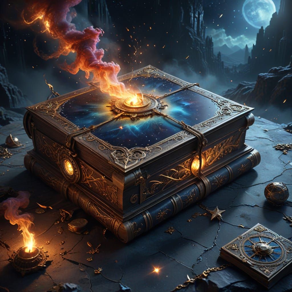 Glowing Grimoire on Celestial Map, Cosmic Fantasy Art