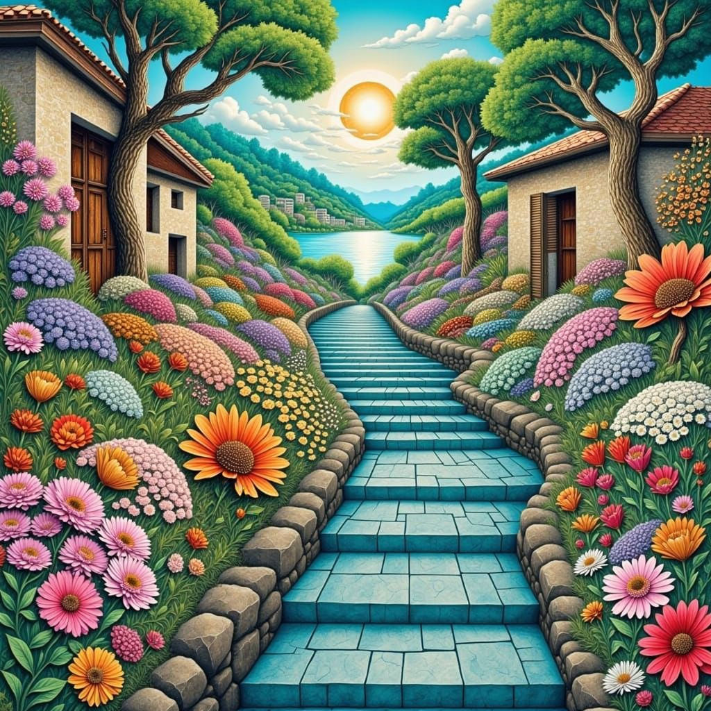 Stunning Textured Italian Courtyard Collage in Gold Resin