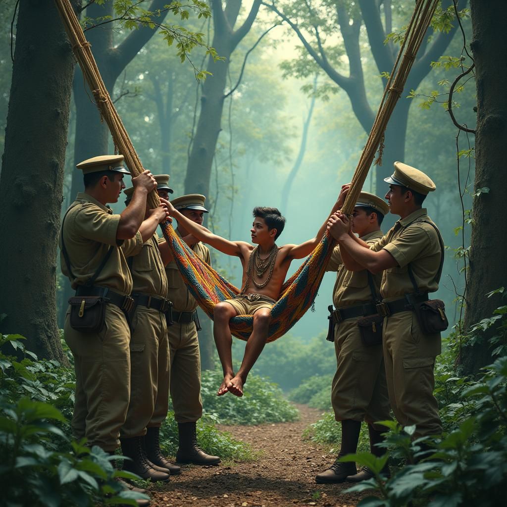 French Soldiers Carry Boy Through Misty Forest