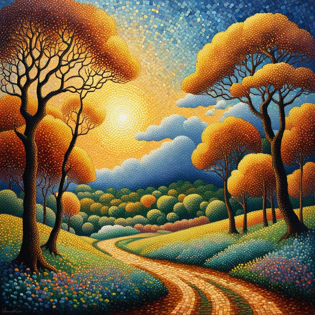 Pointillist Landscape with Animals in Neo-Impressionism Styl...