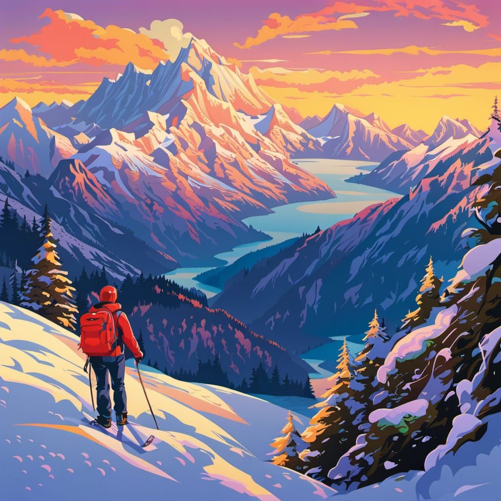 Snowy Mont Blanc Landscape with Skiers in Maximalist Style