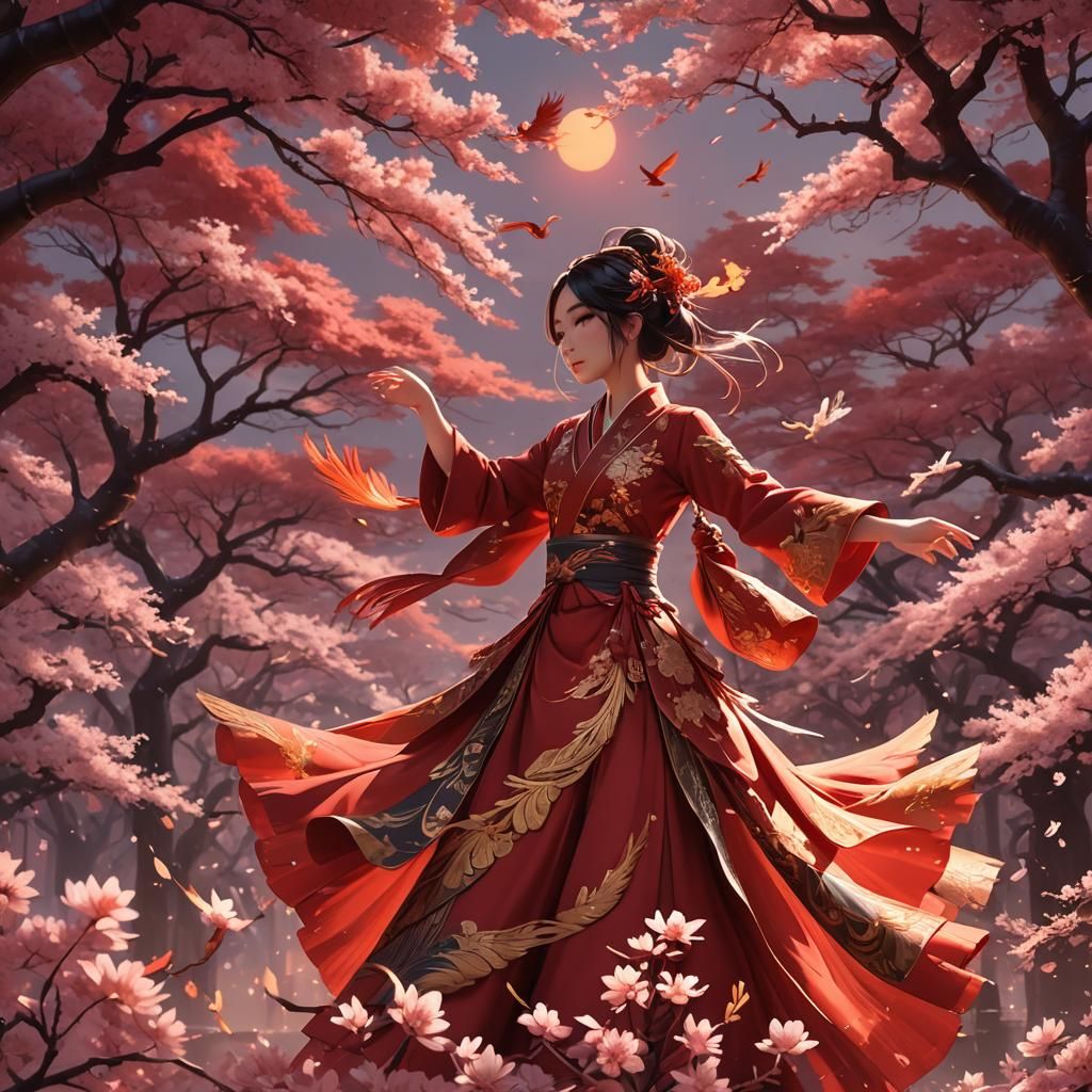 Girl Dancing with Phoenix Feathers in Anime Style