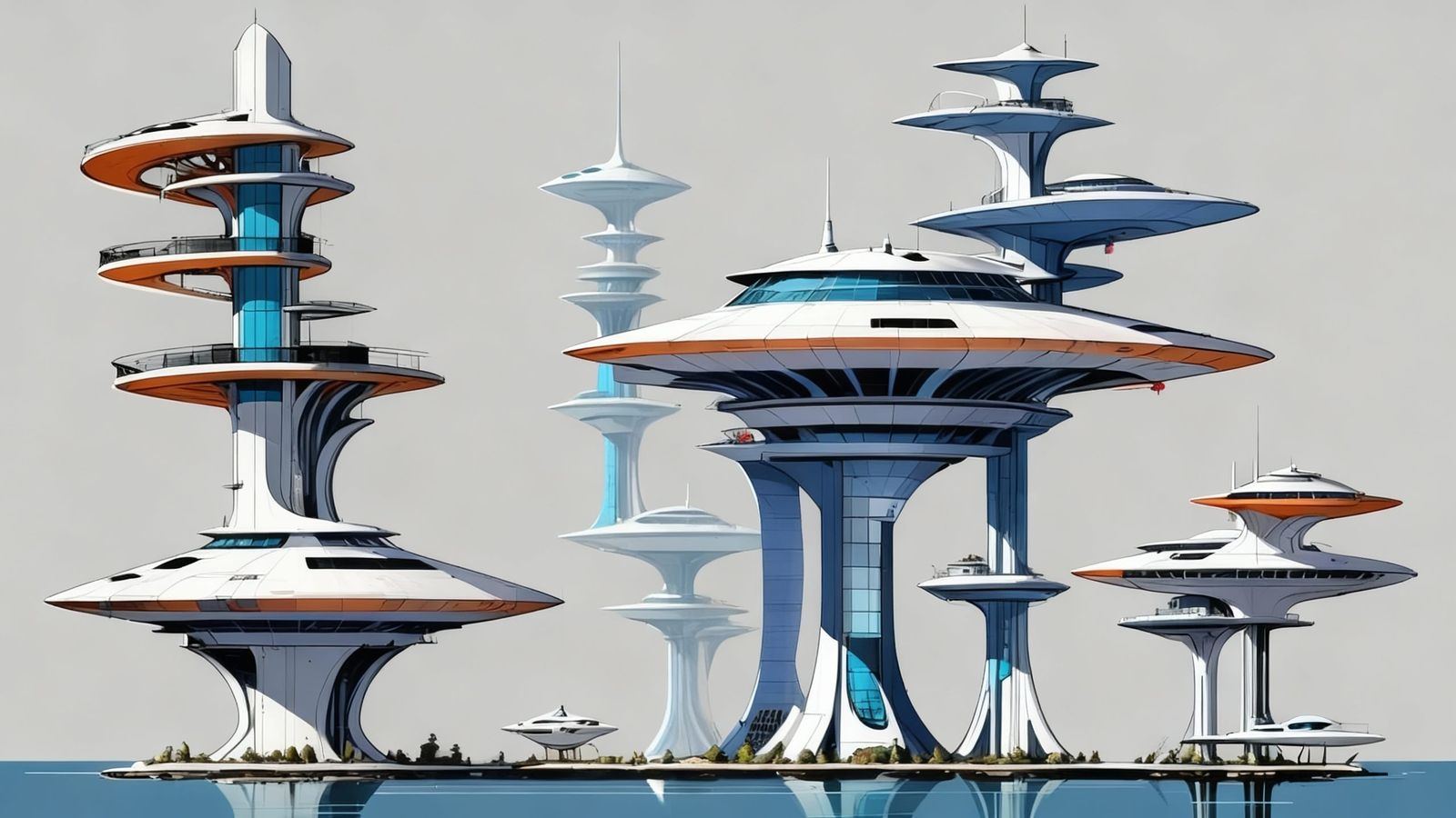 space age tall building complex, on a single slender pier, side view, engineering drawing, specification notes, blueprin...