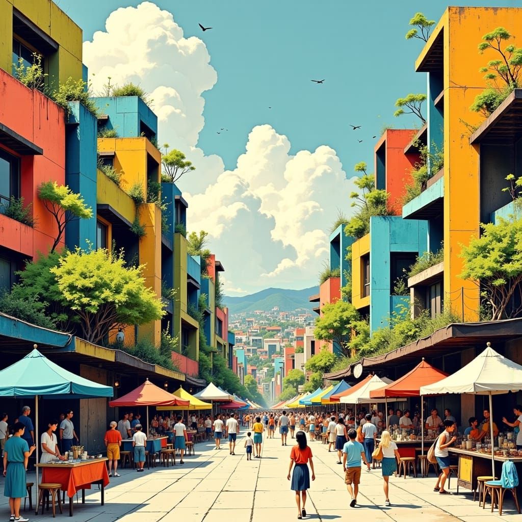Vibrant Street Scene with Market and Art Installations