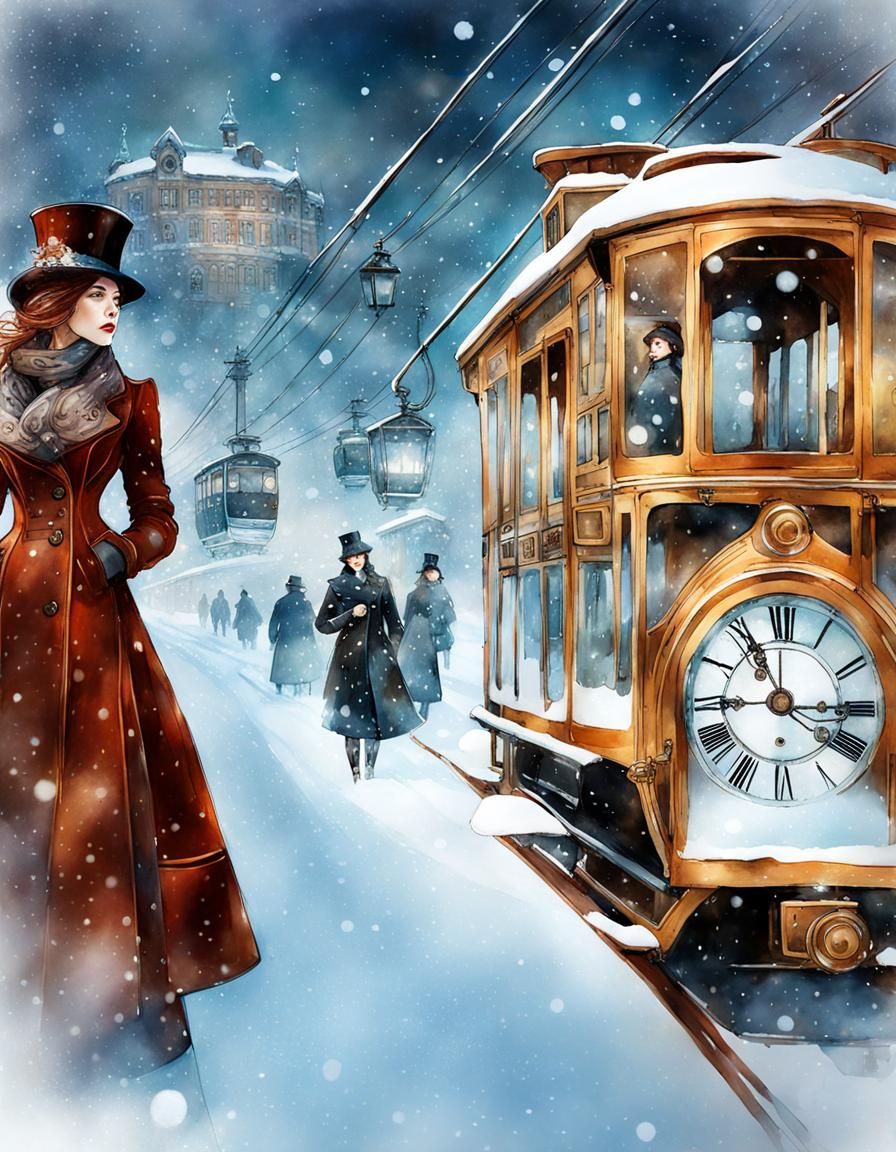 Steampunk Woman in Winter Wonderland: Digital Watercolor