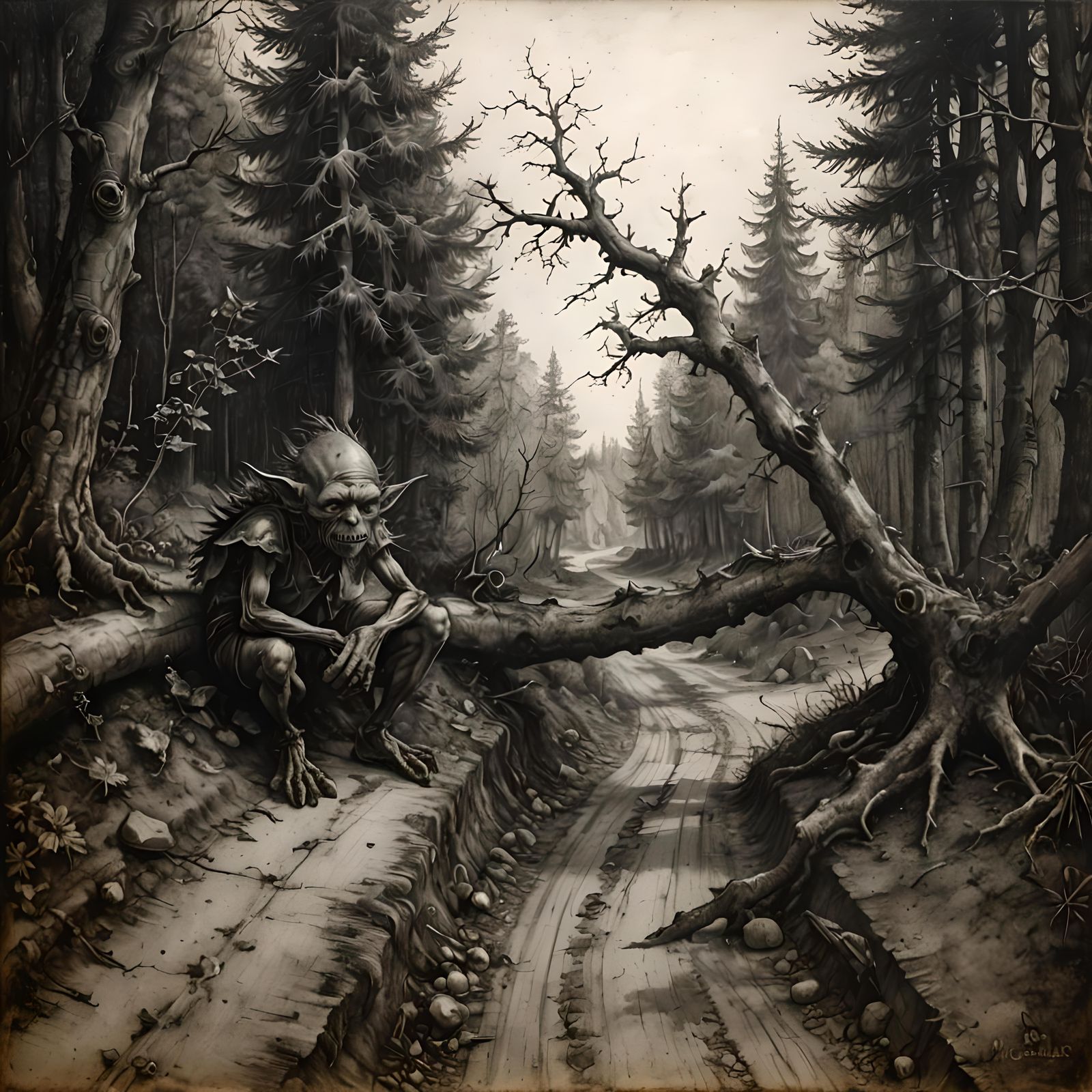 Goblin Beside Fallen Tree: Charcoal Drawing