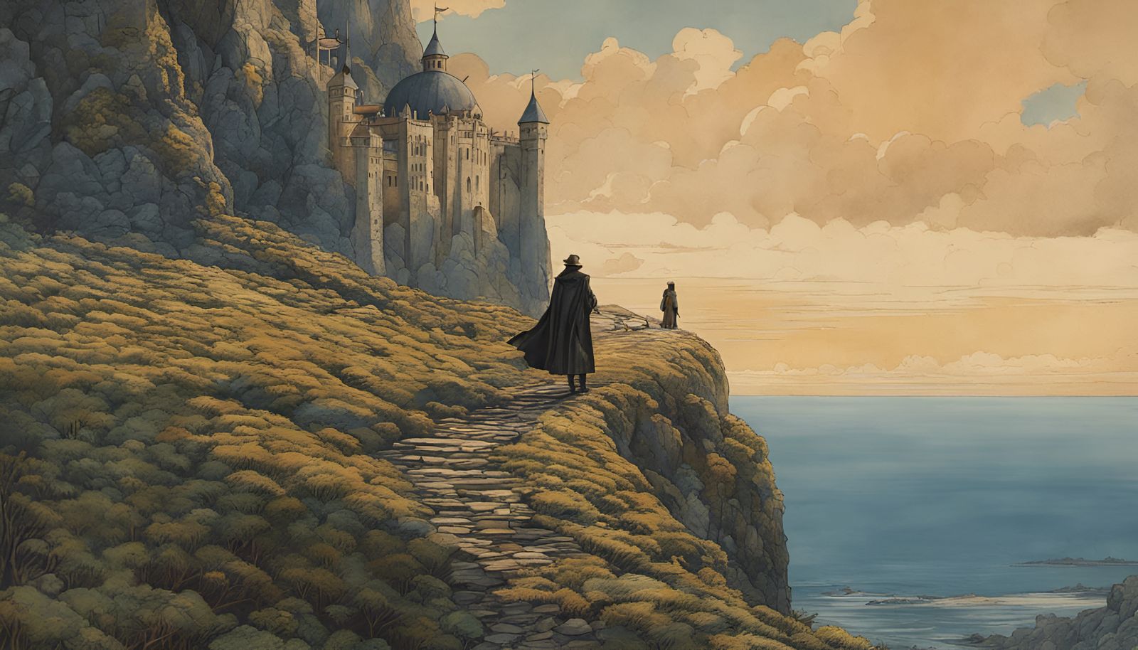 Medieval Navigator Overlooking Ocean, Studio Ghibli Watercol...